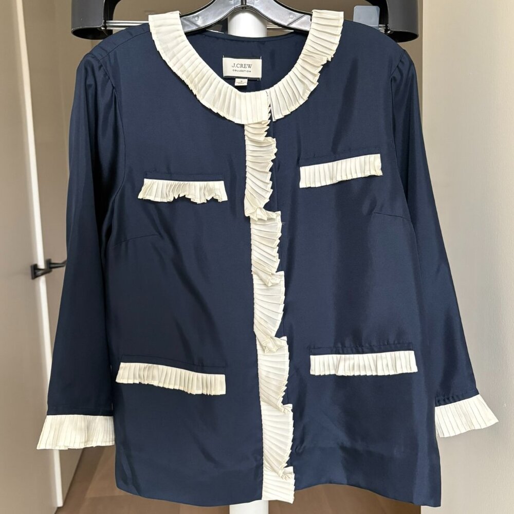 J.Crew Collection Silk Blouse Navy w/ Pleated Ruffle | Size Small